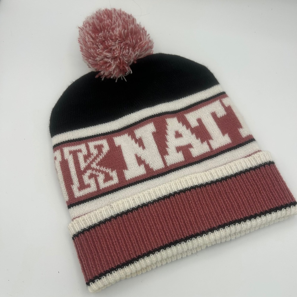 Victoria's Secret PINK Nation Pom Beanie Hat Black Maroon White OSITU Acrylic